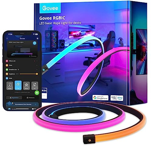 Govee RGBIC Gaming Lights, 3M Neon Rope Lights Soft Lighting for Gaming Desk, LED Strip Lights Syncing with Razer Chroma, Smart App Control, Support Cutting, Music Sync, Adapter (Only 2.4G Wi-Fi)