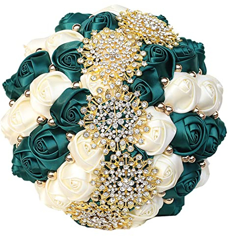 Gkvszy Bouquet de mariée vert émeraude ivoire avec strass dorés et perles pour mariée, demoiselle d'honneur, quinceanera vert émeraude et ivoire satiné rose, bouquet de mariage, 18 cm