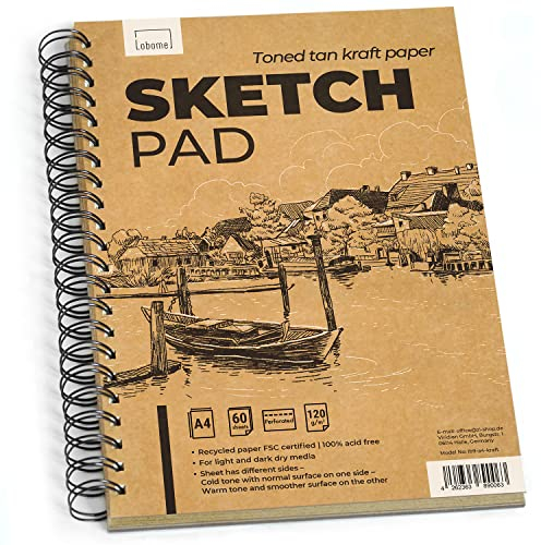 Lobome Toned Tan Kraftpapier A4 Mixed Media Skizzenbuch | Braunes Papier A4 mit 60 Perforierte Seiten (120 Blatt) für Helle und Dunkle Trockenmedien | 120 GSM DIN A4 Skizzenblock 100% Recycelt