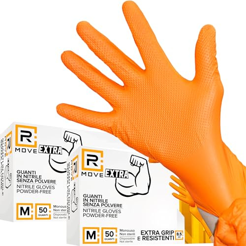 R MOVE 50+50 Guanti in nitrile Diamond 8,5 gr. +140% di SPESSORE in più del 3,5 gr Guanti da lavoro antiscivolo, Grip su tutto il palmo per una perfetta presa (M (8), Arancione)