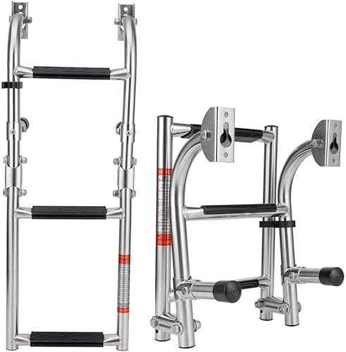 3/4 Step Boat Ladder Folding Telescoping Ladder Stainless Steel Swim Deck Ladder with Construction & Handrails for Marine Yacht/Swimming Pool (Silver 3 step)