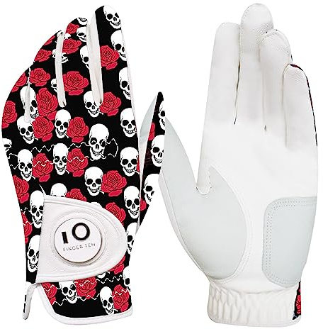 FINGER TEN Golfhandschuhe Herren Links Rechts Hand Leder mit Ballmarker Sommer, Golf Handschuhe Männer Weathersof Premium Qualität Weicher Komfort (Schwarz/Rot, S, Links)