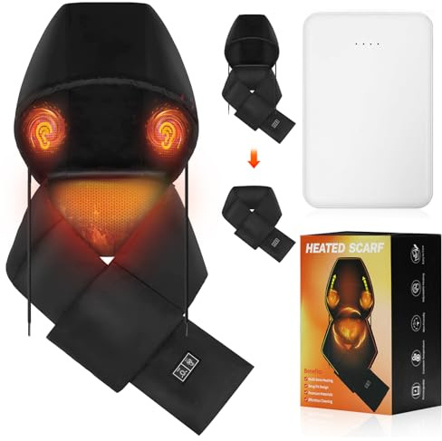 Kercky Heated Scarf Electric Heating Neck Warmer with 5000mAh Rechargeable Battery for Women Men, Cordless Winter Electric Heating Pad with Hidden Hooded Black