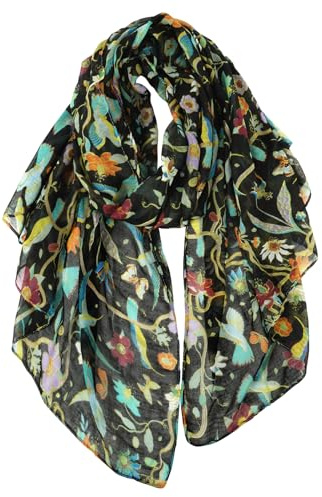 GERINLY Colorful Flower Bird Scarf Boho Neck Wrap Festival Long Narrow Shawl with Branch Print