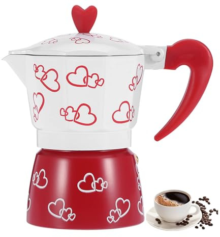 WOHPNLE Aluminum Durable Espresso Coffee Maker Kettle Pot Coffee Red Heart Printed Stove Maker Percolator For Home Office (447g, White and Red)