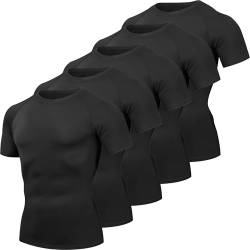 HovSiyla 5 Pack Men's Compression Shirts Cool Dry Short Sleeve Baselayer Athletic Workout T Shirts Black-XL