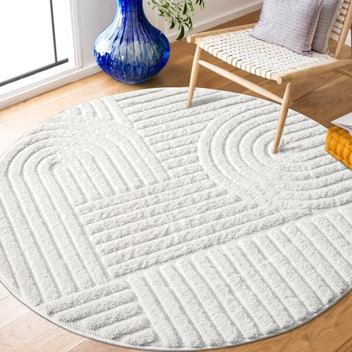 payé Teppich Rund - 160x160cm - Hochflor - Boho - Pastell Creme Grau - Einfarbig - Modern Geometrische Muster- Skandinavisch Flauschig Weich - Schlafzimmer Dekoration