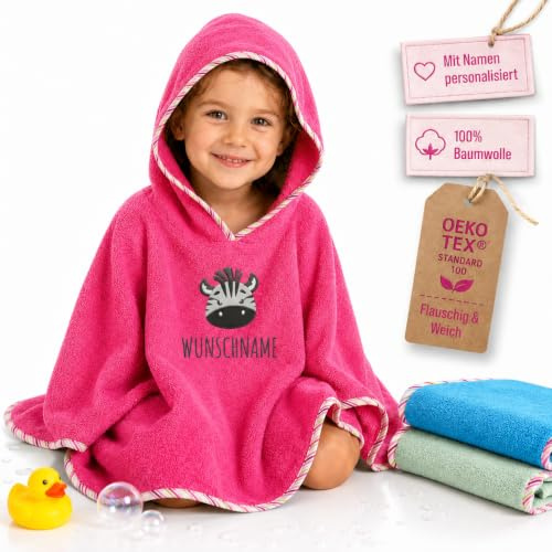 my STITCHERY Badeponcho Kinder mit Namen Bestickt, Oeko-TEX® Standard 100 - Personalisiertes Kapuzenhandtuch aus Reiner Baumwolle mit gesticktem Namen und Motiv (Pink)