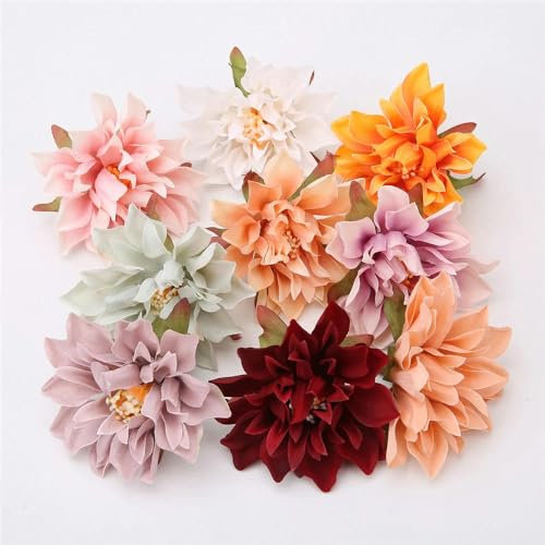 ZFISH 10 Stück Dahlien-Blütenköpfe, künstliche Blumen für Heimdekoration, Kunstblumen, Hochzeitsfeier, Kranz, Seide, Dahlie, Basteln, Geschenkzubehör, HG6400-10 Stück