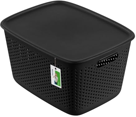 Aufbewahrungsbox 17l mit deckel - 39,5 x 29,5 x 22 cm - Aufbewahrungskorb Behälter aus Kunststoff BPA Free Körbe zur Aufbewahrung Aufbewahrungsbox Luftzirkulationssystem Stapelbox Kiste, Schwarz