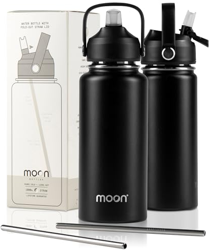 Moon Bottles - Insulated Water Bottle with Straw - Stainless Steel Sports Drink Bottle, Thermal Flask, 24hr Cold, 12hr Hot, Double Walled, Metal Straw, Silicon Spout, UK Company (1L, Black)