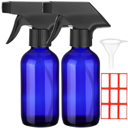 Fumete 2 Pack Glass Bottles 4oz Empty Refillable Liquid Containers with 1 Label 1 Funnel for Essential Oils Hair Travel Plants Cleaning Skin Care (Spray Bottle, Blue, Black Top)