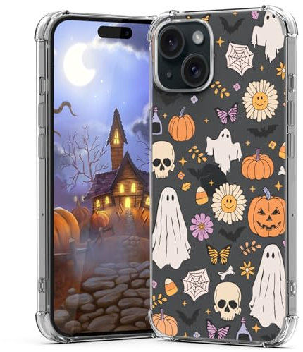 YEPO Clear Case for iPhone 15 Plus Halloween Kids Pumpkin, Slim Bumper Ghost Designs Girls Mobile Cover Shockproof Protector Girls Bat Phone Case for iPhone 15 Plus