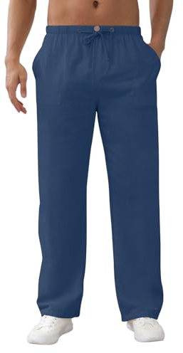 Aisprts Pantaloni Uomo Estivi Pantaloni in Lino Pantaloni Uomo Estivi Leggeri Pantalone Larghi per Il Tempo Libero con Tasche, Elastico in Vita e Coulisse, Blu Navy, XXL