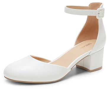 DREAM PAIRS Women's Round Toe Low Block Heel Pumps,White,9.5 | Closed Toe Ankle Strap Chunky Heel Pumps Dress Shoes Wedding Office Party Dressy Shoes for Women
