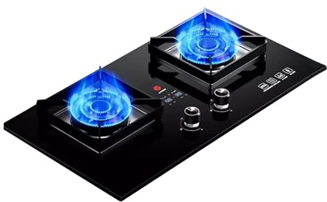 Cocina De Gas 2 Quemadores,Temporizador De Fuego Alto De Nueve Cavidades De 5,2 KW,Estufa De Encimera De Cocina,Rejilla For Ollas De Hierro Fundido De Vidrio Templado,Con Protección Contra Llamas(LPG)