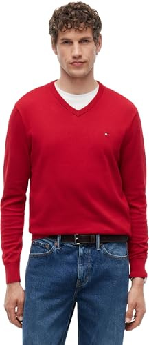 Tommy Hilfiger Jersey Hombre Essential Cotton con Cuello de Pico, Rojo (Medium Red), S