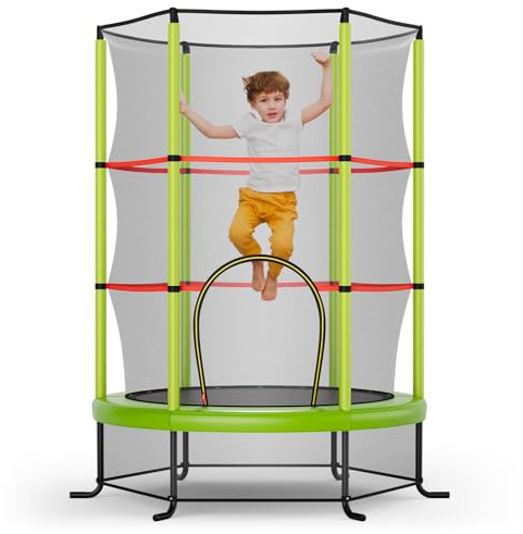 GOPLUS Trampolin Indoor, Kindertrampolin mit Sicherheitsnetz, überdachung, verzinkte Stahlkonstruktion, Sprungmatte, Gartentrampolin rund bis 135kg belastbar