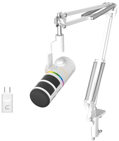 COMICA D10 Pro EIN Dynamisches XLR-USB-Mikrofon mit Empfänger-Galgenarmständer für Gaming-/TikTok-/Podcast-Aufnahmen, unterstützt RGB-Licht-Stummschalttaste für PC, Smartphone, Computer (weiß)