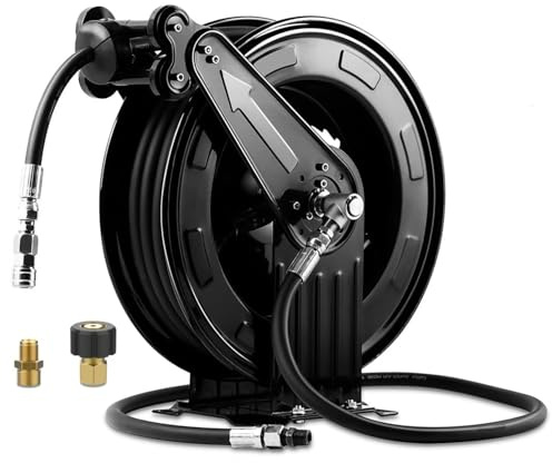 Double Arm 50FT x 3/8 Retractable Pressure Washer Hose Reel, Heavy Duty Steel Professional Power Wash Hose Reel with 5 ft Lead for Air/Oil/Water, 4000 PSI