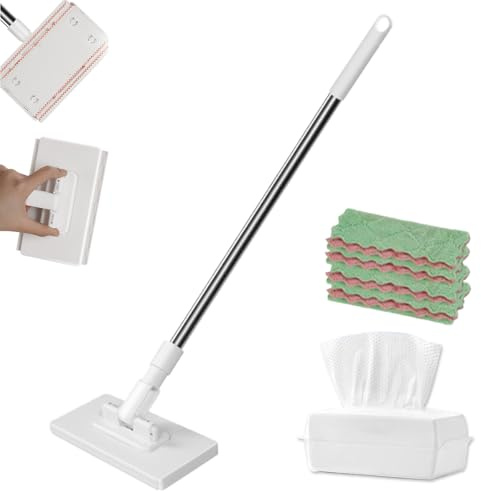 Automatic Cloth Changing Mini Mop, 360°Rotating Dust mop with 4 Reusable Cloths, Cloth Changing Mini Flat Mop, Long Handle Wet and Dry Mopping Sweeper Stick for Multi Surface Floor Cleaning