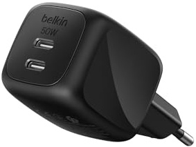 Belkin USB Ladegerät 2 Port, 50W, GaN Ladegerät mit 2 USB-C-Anschlüssen, Schnellladen für USB C Geräte wie MacBook, iPhone 17, iPad Pro, Chromebook, Galaxy S25 Ultra, Pixel 10 – Reisezubehör – Schwarz
