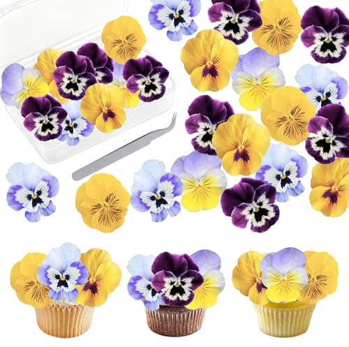 Essbare Blumen für Torte,50 Stück Tortendeko Essbare Blüten Kuchen Deko + Pinzette, Esspapier Blumen Cupcake Toppers für Fondant Muffin Geburtstag Hochzeit Baby Dusche Party Dekoration