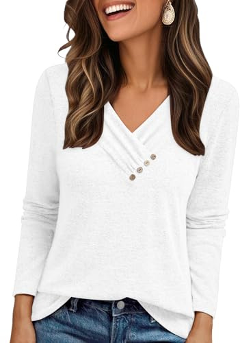 Cuptacc Jumpers for Women UK Lightweight Soft Cotton Versatile Longs Leeve Tops Long Casual Button V Neck Solid Color Oversized Sweatshirt Women White L