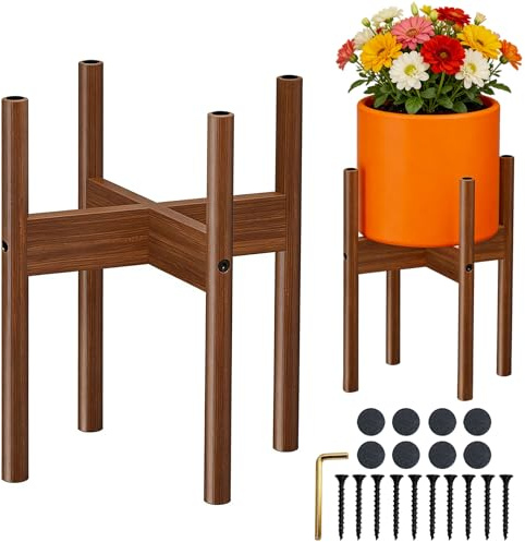 FRIMOONY 2-Pack Bamboo Plant Stands for Indoor Use – Fits Up to 12 Inch, Corner-Friendly Design, Sturdy & Stable, Walnut Finish