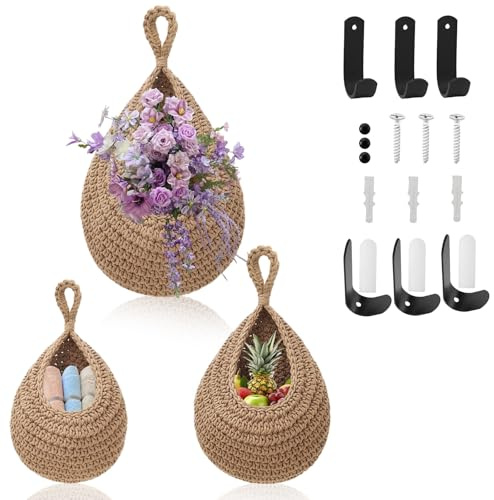 lelewangluo Hanging Fruit Basket for Kitchen, 3 Pcs Hanging Vegetable Storage Basket with Hooks, Cotton Rope Hanging Wall Basket Teardrop for Fruits Flower Plant Vegetable Storage