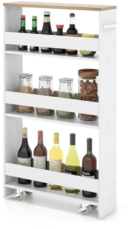 COSTWAY Carro de Almacenamiento Estrecho de 4 Niveles, Carrito Auxiliar con Ruedas, 4 Estantes, Barandillas Anticaídas y Asa, Ahorra Espacio, Carrito para Cocina, Baño, 47,5x13x80,5 cm, Blanco+Natural