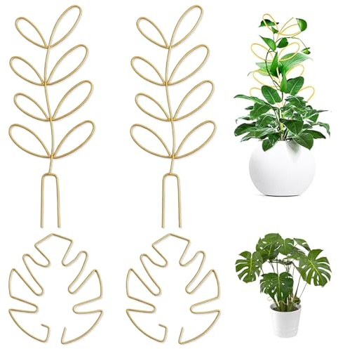 VEOIRXU 4 Pièces Tuteur Métallique Plantes d'Intérieur Treillis en Forme de Feuille Tige en Fil Métallique pour Plantes Grimpantes Décoration Mini Tuteur pour Monstera Hoya Jardin (Or)