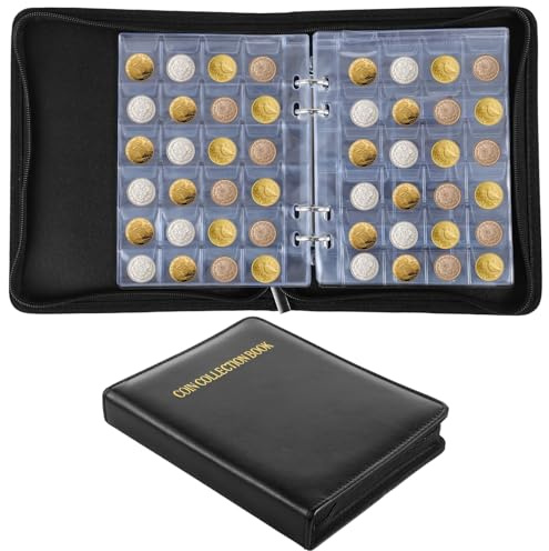 360 Slots Coin Album for Collectors, 7.9 x 6.3 x 1.3 Inches Coin Book Collectors, PVC Coin Collection Album with Leather Cover