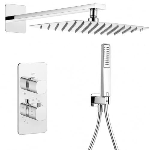 IMEX Toscana Conjunto Ducha Empotrada Termostática 2 Vías con Rociador | Efecto lluvia 25×40 cm, latón y acero inoxidable S304 con sistema antical y temperatura constante para mayor confort.