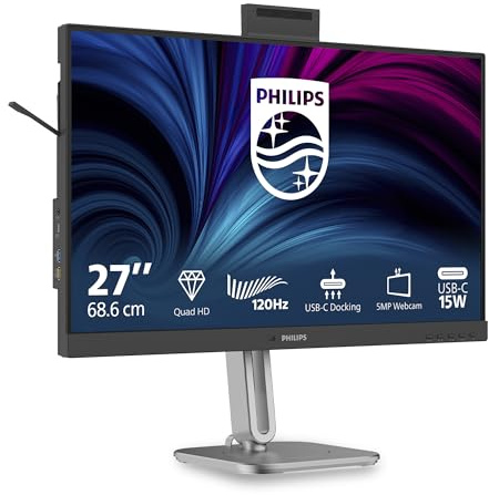 PHILIPS Monitor 27B2U4601H 27 pollici 2560x1440, WQHD, 120Hz, IPS Panel, 4ms GtG, USB HubWebcam, Speakers, Height Adjustment, (HDMI1x 2.1 TMDS DP 1x 1.4) Grigio Antracite