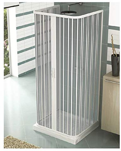 Mampara de ducha en forma de U, tamaño: 80 x 90 x 80 cm, altura 185 cm, de PVC, apertura central, 2 puertas plegables, color blanco