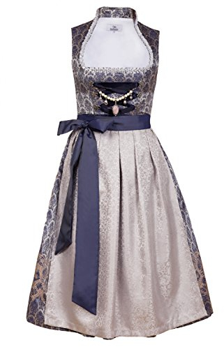 Edelnice Trachtenmode Exklusives Designer Midi Stehkragen Dirndl Marianna inkl. Spitzen Dirndlschürze und Charivari Gr. 32-54, Blau, 54