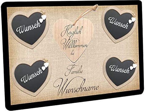 Crealuxe Fussmatte mit Wunschtext/Wunschname Herzlich Willkommen - Motiv 4 Namen in Herzen - 60x40 cm - Gummi Rückseite/rutschfest - Filzoberfläche - Bedruckte Türmatte - Innenmatte