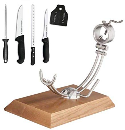 Hidalgo Support à jambon Afinox Primus avec base en bois de frêne + set complet de couteaux 3 claveles