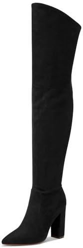 Castamere Mujer Botas de Moda Tacón Ancho Botas Sobre la Rodilla 10CM Tacón Alto Negro Ante Zapatos EU 35