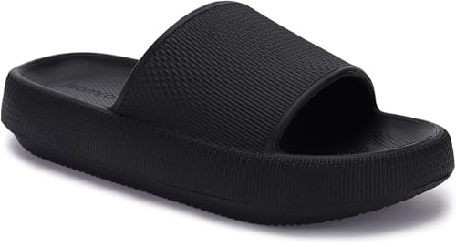 Joomra Shower Slippers for Women Mens Foam Pillow House Shower Bath Bathroom Puffy Home Platform Sandals Cushion Slides for Ladies Female Size Male Sandles Black 39-40