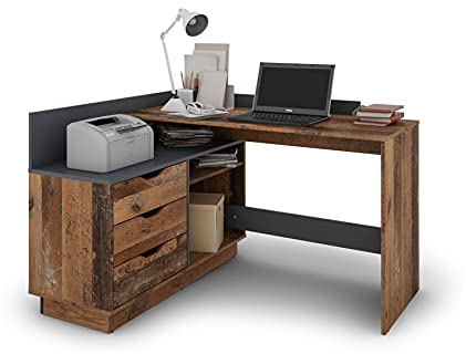 byLIVING Winkelschreibtisch Belfast/Rechts oder Links montierbar / 3 Schubkästen/Old Wood-Optik - anthrazit/Bürotisch/Eckschreibtisch/Schreibtisch/B 129, H 83,5, T 105 cm