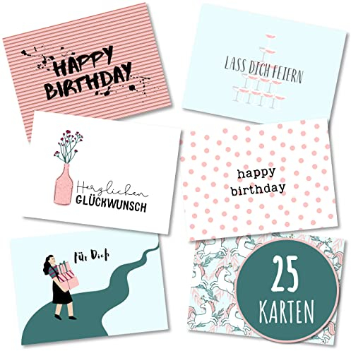 Erik Anderson 25er Set Geburtstagskarten hochwertig - Glückwunschkarte, Postkarte zum Geburtstag - Happy Birthday Karten als Postkarten Set - ideal als Grußkarte und Gutschein für Männer und Frauen