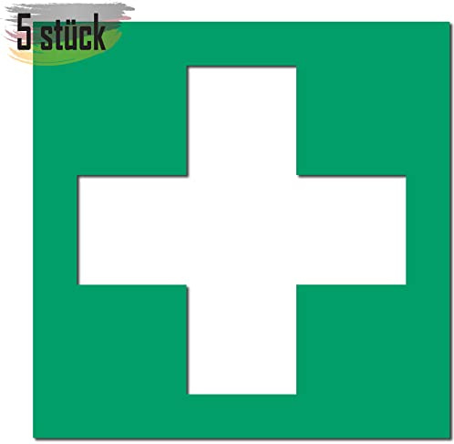 Erste Hilfe 5 stück 20x20 cm DIN 7010 UV Premium Aufkleber für Infoschild, Verbandskasten, Rettungsweg, Fluchtweg, Notausgang, Sicherheitsmarkierung