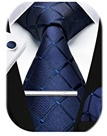 HISDERN corbata a cuadros azul marino para hombre pañuelo gemelos conjunto de Clip de corbata regalos formales para fiesta de boda