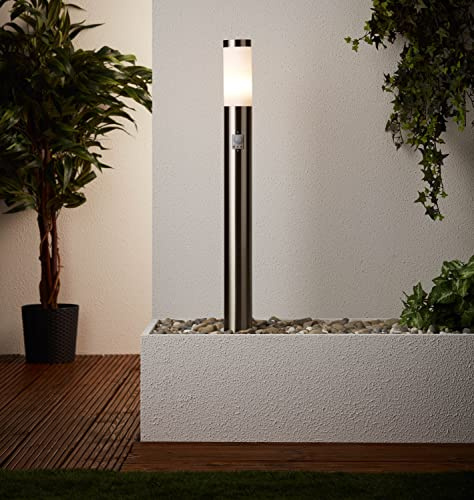 Brilliant spritzwassergeschützte LED Wegelampe - Standleuchte für Außen mit einstellbarem Bewegungsmelder & Dämmerungsschalter für LED-Dekolicht aus Metall/Kunststoff, in edelstahl - Ø 8cm