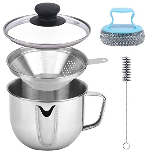 Stainless Steel Fat Separator 4 Cup/1000ML Gravy Grease Separator with Strainer and Glass Lid, Soup Oil Separator Cup for Cooking, Oil Soup Separator Strainer Pot for Kitchen