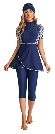 Modest Short Sleeve Swimsuits for Women 3-Piece Bathing Suits Floral Print Swimming Suits Plus Size Rash Guard