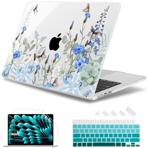May Chen Schutzhülle für MacBook Air 15 Zoll (38,1 cm), M5, M4, M3, M2, 2026, 2024–2023, Modell A3448, A3241, A3114, A2941, nahtlos, Hartschalen-Laptopabdeckung mit Tastaturabdeckung, blaue Blumen