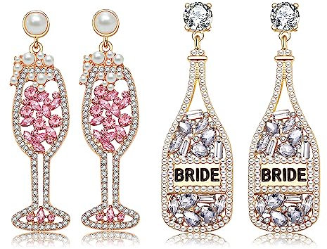 2 Pairs Rhinestone Champagne Bottle Earrings Crystal Wine Glass Dangle Earrings for Women Delicate Champagne Flute Earrings Party Celebration Jewelry Gifts, glass, Zinc, Rhinestone